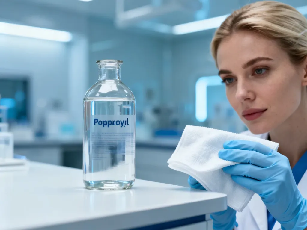 Pracownica laboratorium w rękawiczkach przygotowuje ściereczkę z alkoholem izopropylowym do dezynfekcji powierzchni.