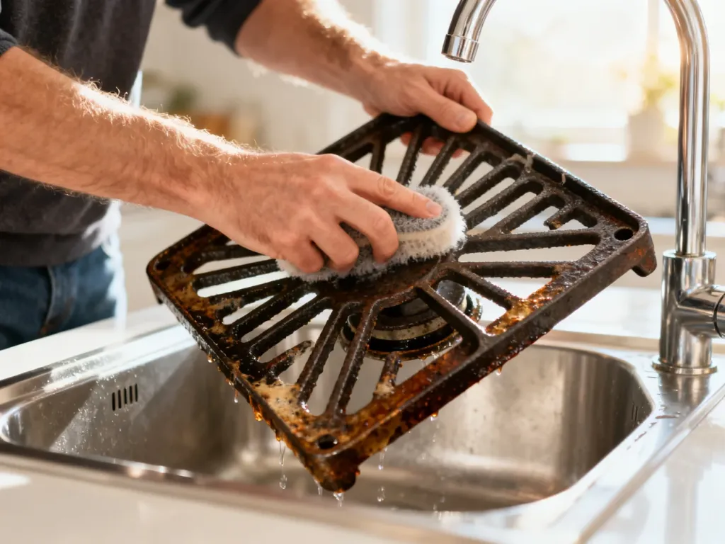 Osoba szoruje żeliwny ruszt kuchenki w zlewie, usuwając tłuszcz i przywracając metalowi czystość.